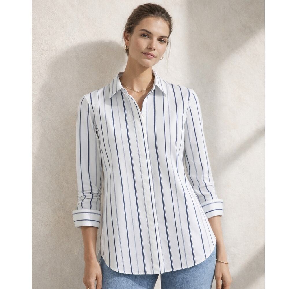 Lafayette 148 Stripe Button Down Shirt White Blue Longline Size L - Picture 3 of 13